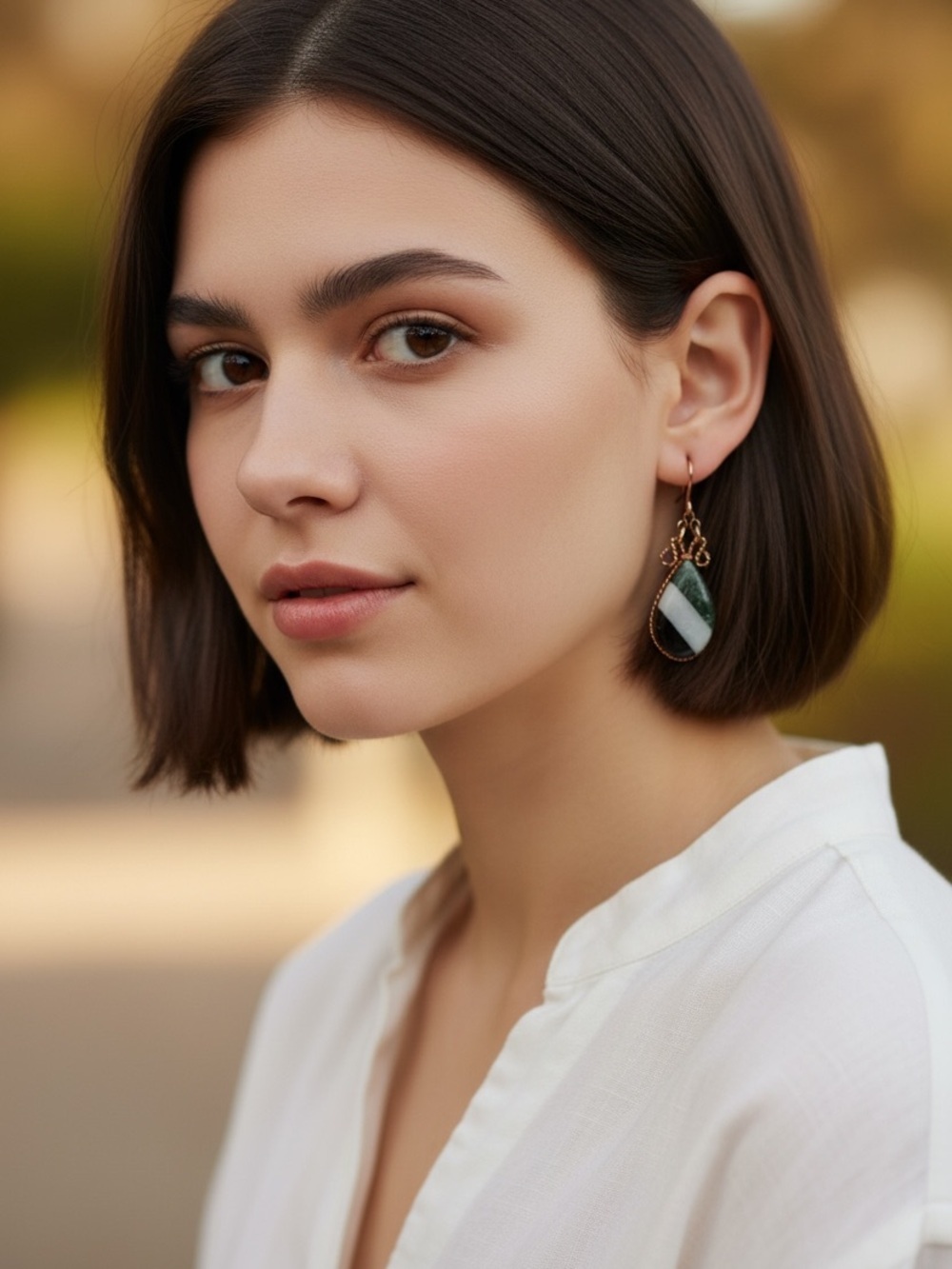 (220)Green Agate Teardrop Copper Wire Dangle Earrings -